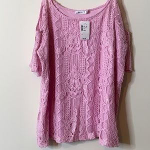 Pink open shoulder lace blouse.